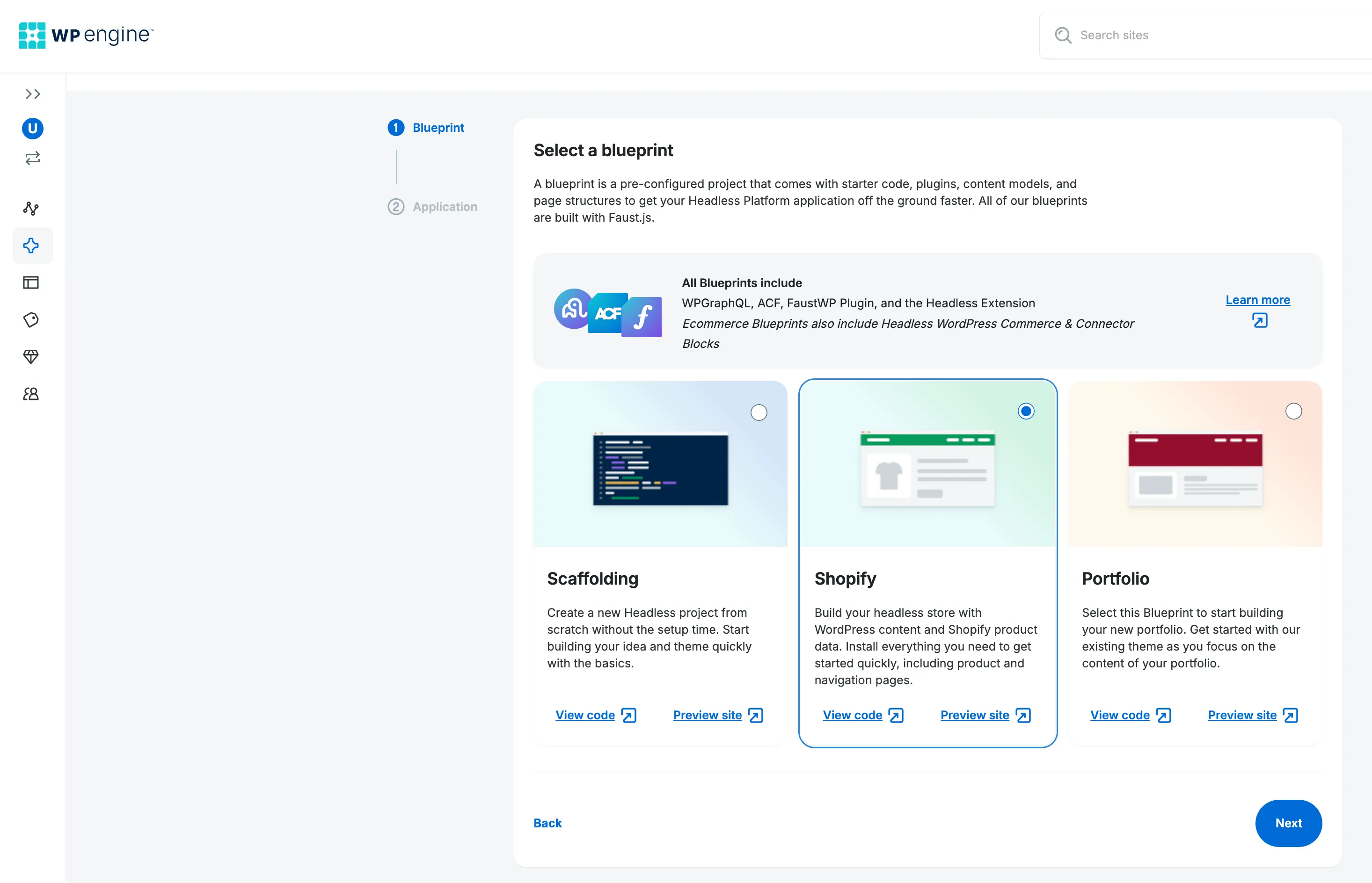 A list of prebuilt Blueprint options to choose from