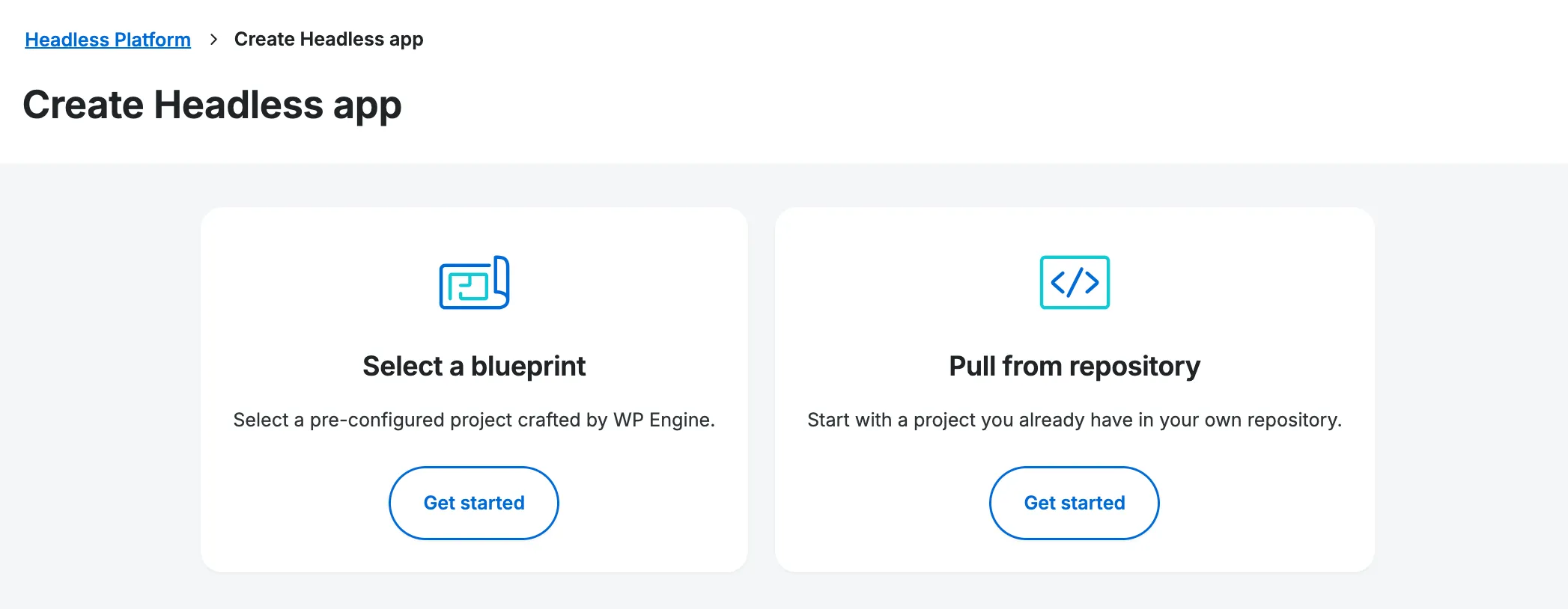 Options to create a new app including Select a Blueprint or Pull from repository
